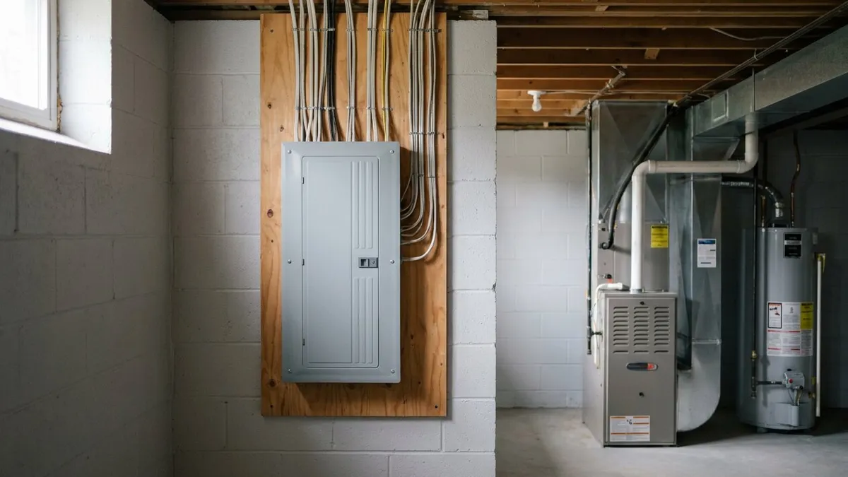 A gray breaker panel on a plywood backboard in a clean unfinished basement, with cables running up into the joists beside a furnace and water heater