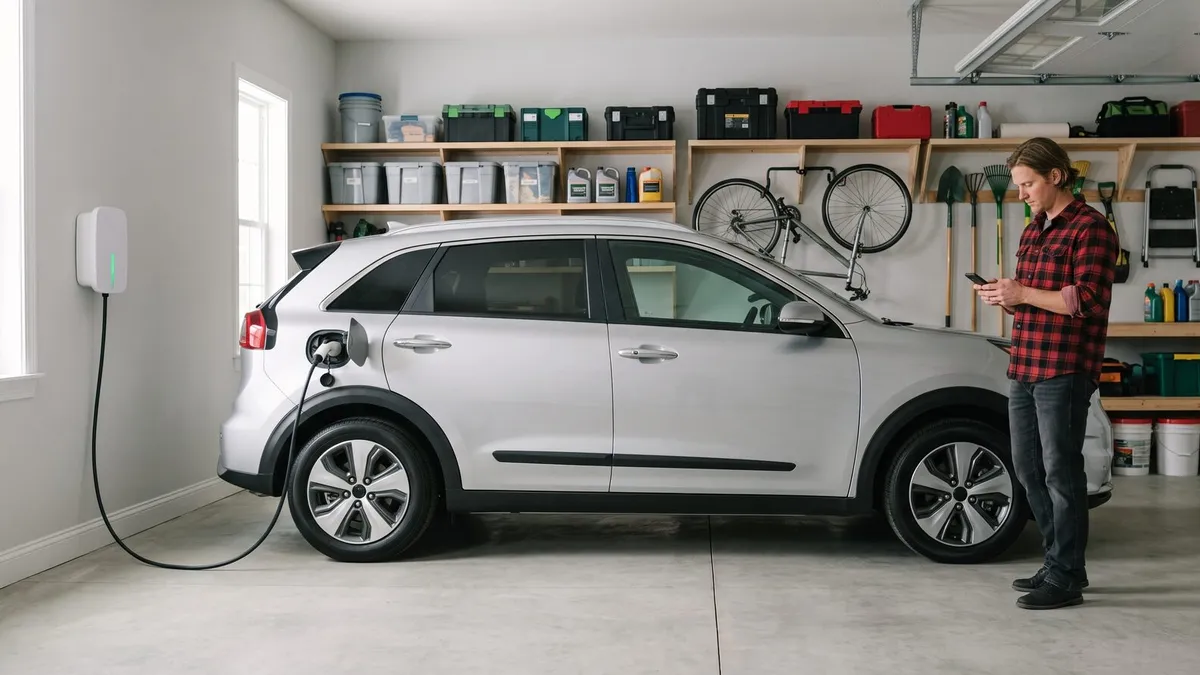 A silver electric crossover in a home garage plugged into a wall-mounted Level 2 charger with a green status light, while the homeowner checks charging on a phone