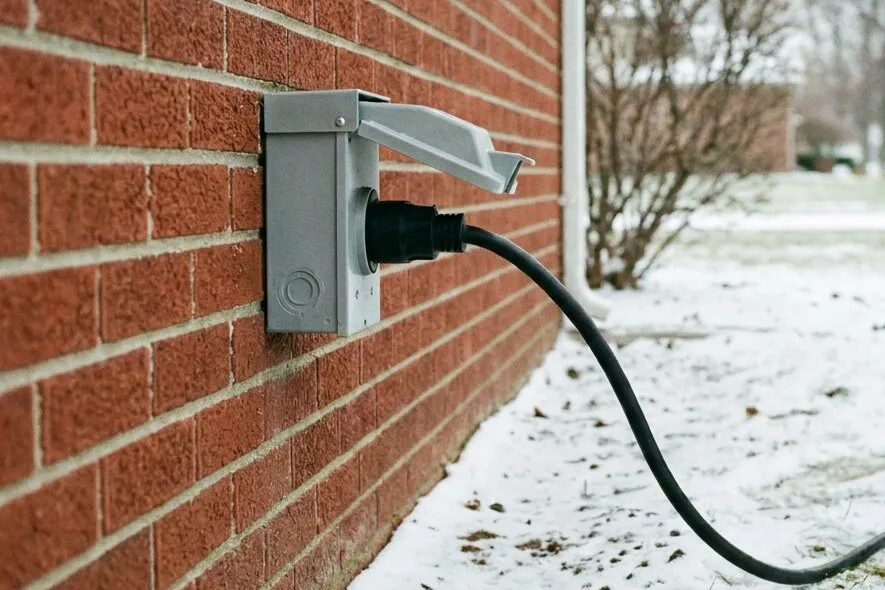 A gray generator inlet box on a red brick wall with a black generator cord plugged in and running down into a snowy yard
