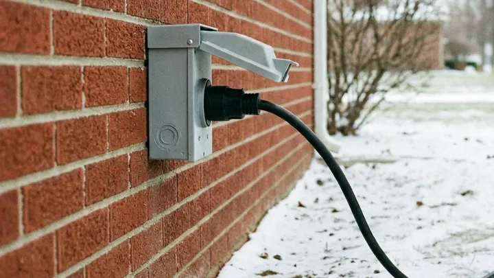 A gray generator inlet box on a red brick wall with a black generator cord plugged in and running down into a snowy yard