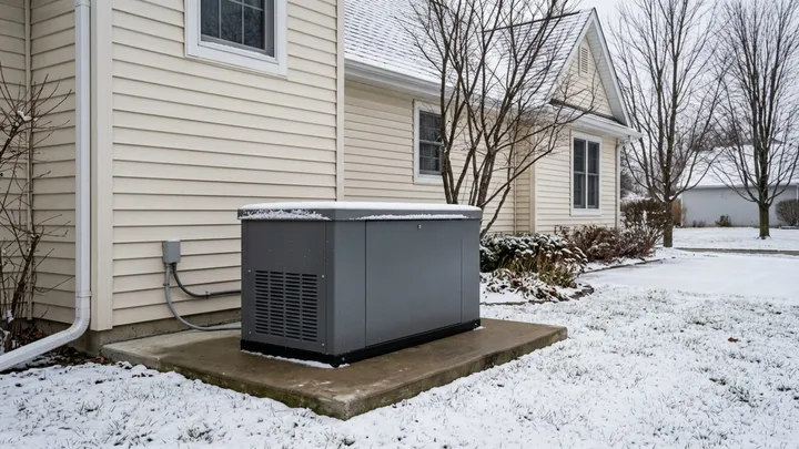 A gray home standby generator on a concrete pad beside a house with beige vinyl siding, with light snow on the lid and the lawn and bare trees behind