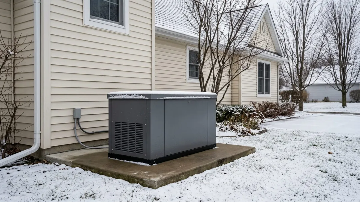 A gray home standby generator on a concrete pad beside a house with beige vinyl siding, with light snow on the lid and the lawn and bare trees behind