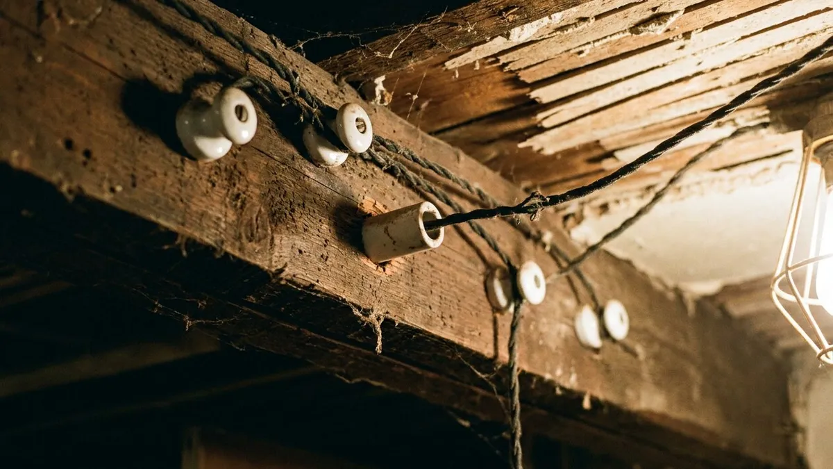White porcelain knobs and a porcelain tube carrying old cloth-covered wires along a weathered basement joist beneath old wood lath