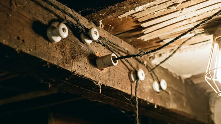 White porcelain knobs and a porcelain tube carrying old cloth-covered wires along a weathered basement joist beneath old wood lath