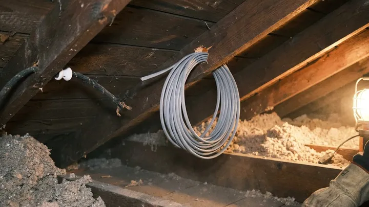 A coil of new gray electrical cable hanging from an attic rafter beside an old porcelain knob and cloth-covered wire, with loose insulation and a work light
