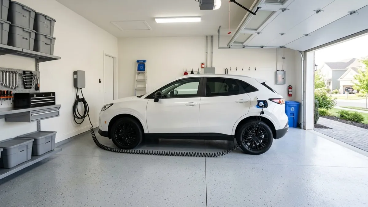 A white electric SUV parked in a bright attached garage, plugged into a wall-mounted Level 2 home charger with the cable running across the floor