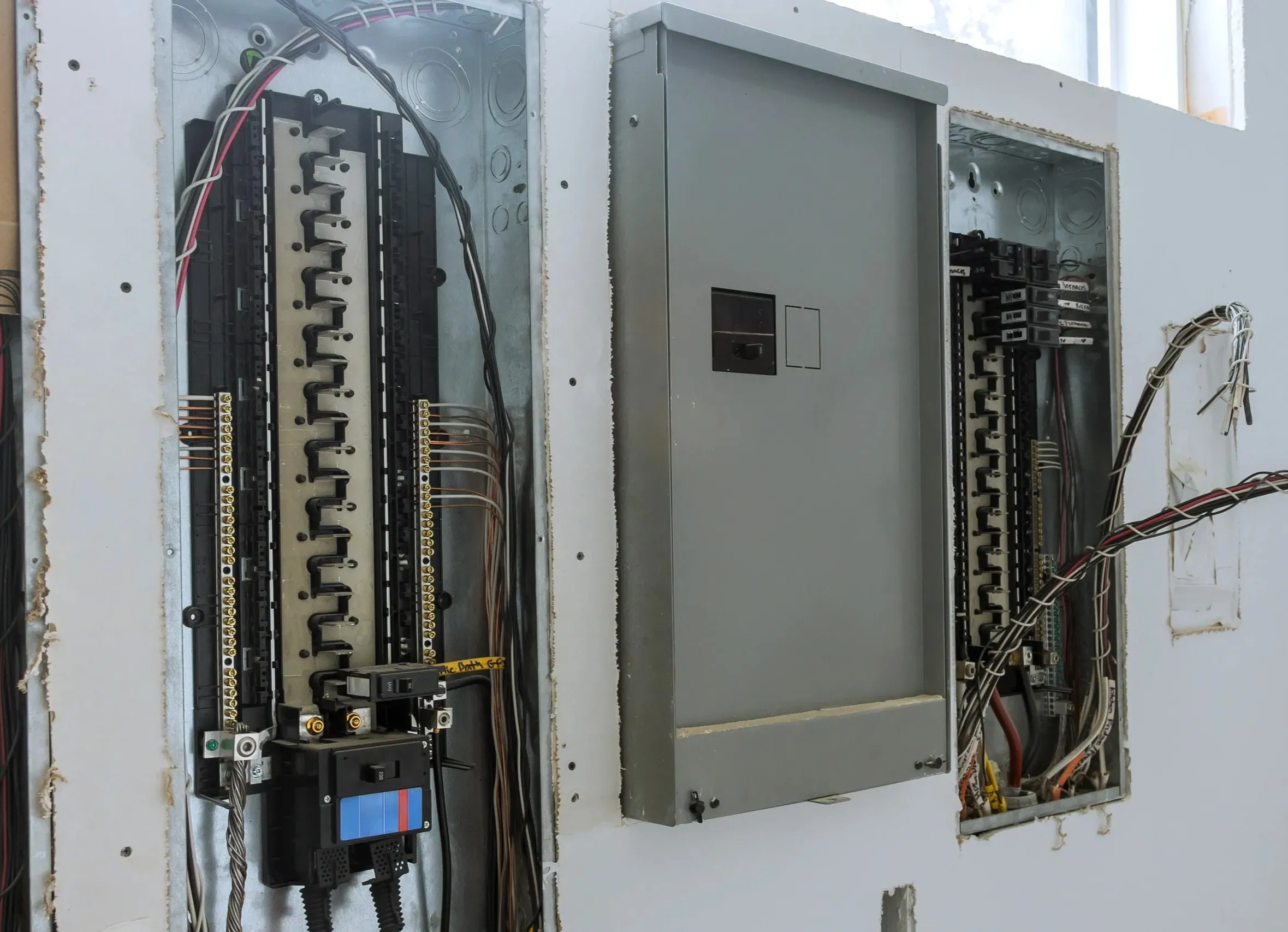A residential electrical panel with the cover removed, showing the main breaker and branch breakers where a generator interlock is installed