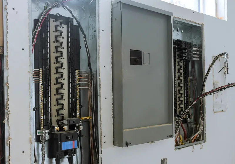 Open electrical panel where a generator interlock kit is installed