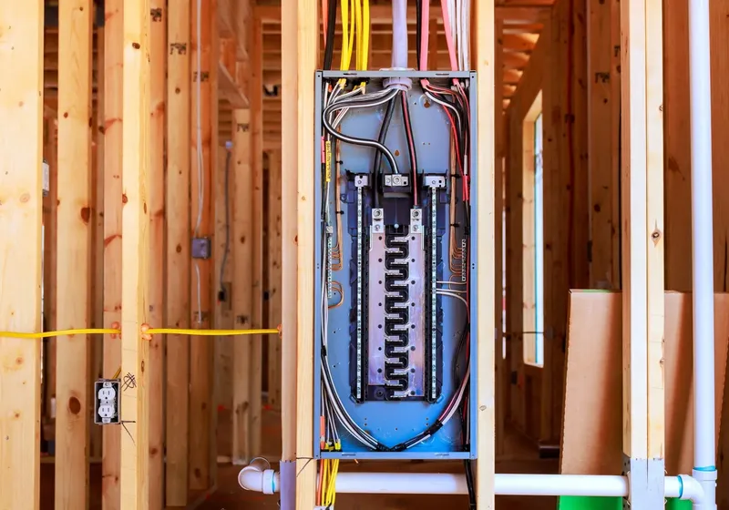 New electrical panel installed in open wall framing