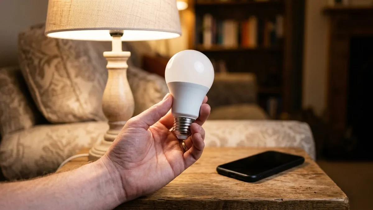 A hand holding a white LED smart bulb beside a lit table lamp, with a smartphone resting on a wooden side table
