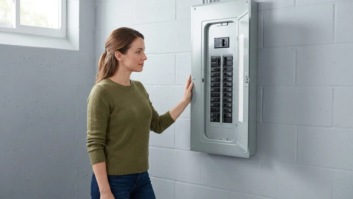 A homeowner in a basement looking at an open residential electrical panel with two rows of circuit breakers and a main breaker at the top