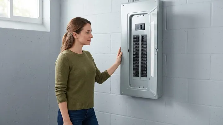 A homeowner in a basement looking at an open residential electrical panel with two rows of circuit breakers and a main breaker at the top