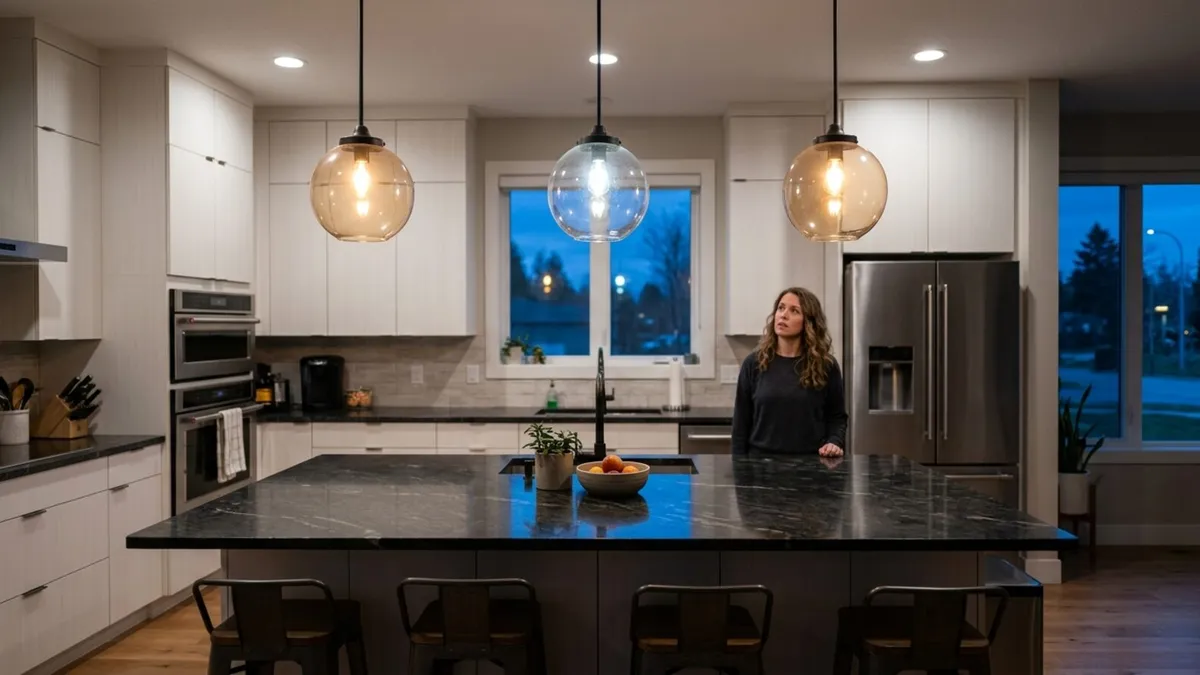 A homeowner standing at a kitchen island in the evening and glancing up at three glass globe pendant lights hanging above the counter